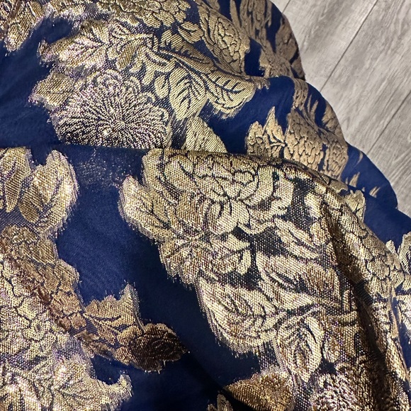 DEAR MOON Metallic Maxi Brocade Prom Fit + Flare Dress Gown 0 Navy Gold - Picture 3 of 3